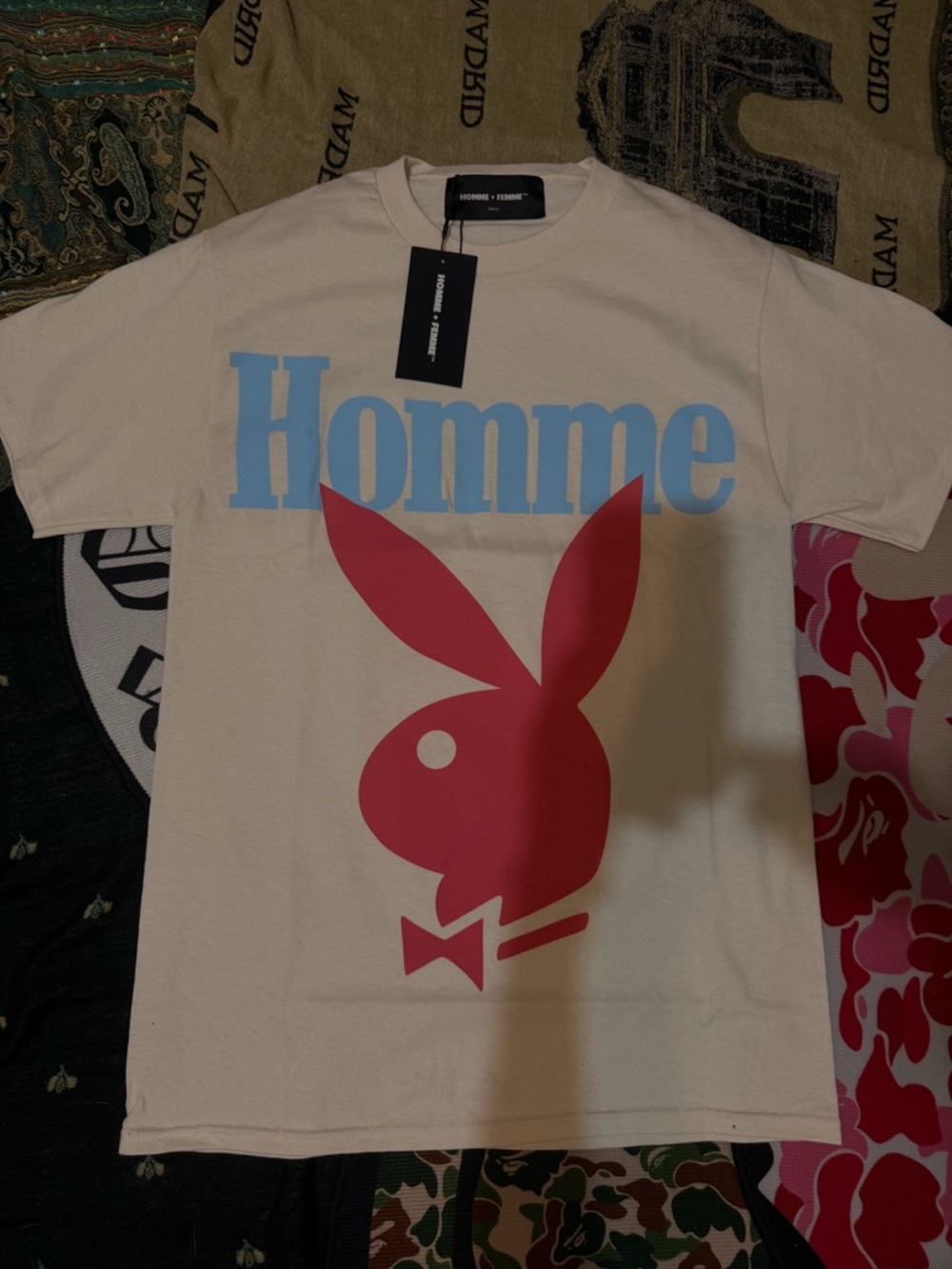 Homme Femme x Playboy Cream Tee with Blue Logo and Pink Bunny
